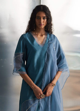Steel Blue Chanderi Kurta Set by Charkhee, available on Indiaspopup.com