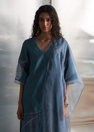 Steel Blue Chanderi Kurta Set by Charkhee, available on Indiaspopup.com