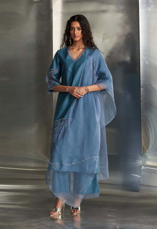 Steel Blue Chanderi Kurta Set by Charkhee, available on Indiaspopup.com