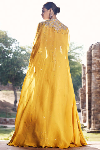 Turmeric Iconic Winged Cape And Skirt Set by Matsya available on Indiaspopup.com