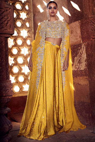 Turmeric Iconic Winged Cape And Skirt Set by Matsya available on Indiaspopup.com