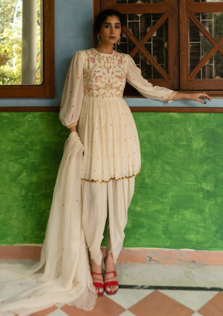 Ease-Off-White Peplum And Dhoti Set-INDIASPOPUP.COM