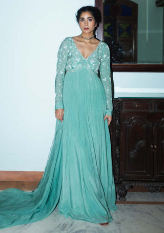Ease-Dark Mint Scallop Anarkali And Dupatta-INDIASPOPUP.COM