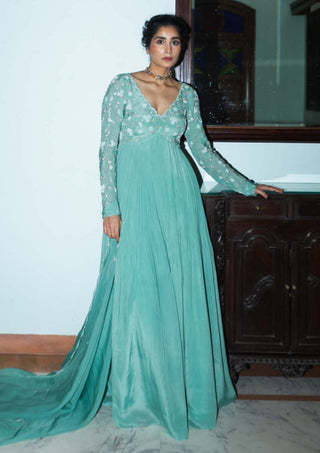 Ease-Dark Mint Scallop Anarkali And Dupatta-INDIASPOPUP.COM
