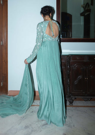 Ease-Dark Mint Scallop Anarkali And Dupatta-INDIASPOPUP.COM