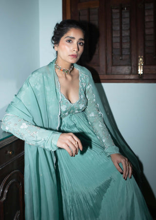 Ease-Dark Mint Scallop Anarkali And Dupatta-INDIASPOPUP.COM
