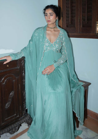 Ease-Dark Mint Scallop Anarkali And Dupatta-INDIASPOPUP.COM