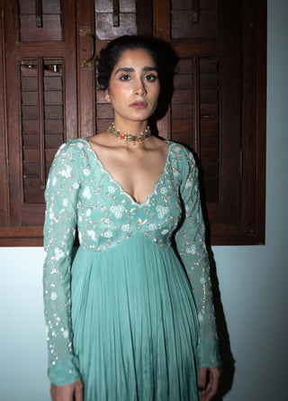 Ease-Dark Mint Scallop Anarkali And Dupatta-INDIASPOPUP.COM