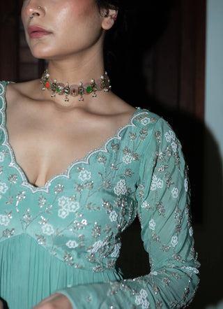 Ease-Dark Mint Scallop Anarkali And Dupatta-INDIASPOPUP.COM