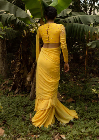 Ease-Yellow Draped Gharara Sari And Blouse-INDIASPOPUP.COM