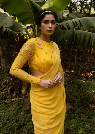 Ease-Yellow Draped Gharara Sari And Blouse-INDIASPOPUP.COM