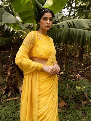 Ease-Yellow Draped Gharara Sari And Blouse-INDIASPOPUP.COM