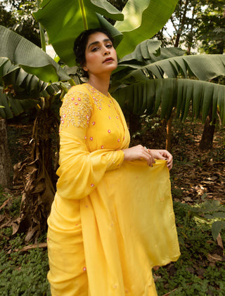 Ease-Yellow Draped Gharara Sari And Blouse-INDIASPOPUP.COM