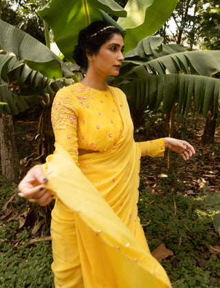 Ease-Yellow Draped Gharara Sari And Blouse-INDIASPOPUP.COM