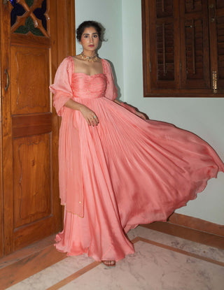 Ease-Peach Pink Ruching Anarkali And Dupatta-INDIASPOPUP.COM