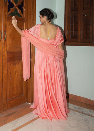 Ease-Peach Pink Ruching Anarkali And Dupatta-INDIASPOPUP.COM