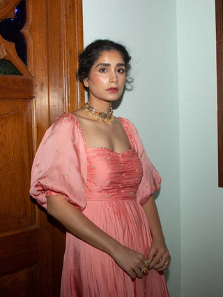 Ease-Peach Pink Ruching Anarkali And Dupatta-INDIASPOPUP.COM
