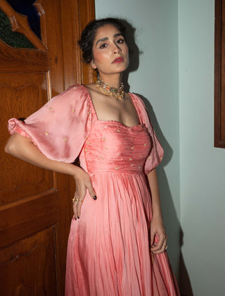 Ease-Peach Pink Ruching Anarkali And Dupatta-INDIASPOPUP.COM