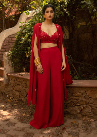 Ease-Red Slit Jacket And Palazzo Set-INDIASPOPUP.COM