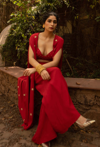 Ease-Red Slit Jacket And Palazzo Set-INDIASPOPUP.COM