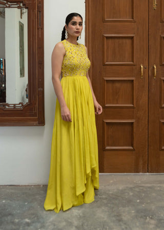 Ease-Citric Yellow High Low Anarkali And Palazzo-INDIASPOPUP.COM