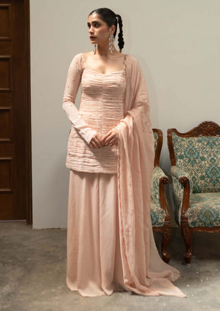 Ease-Light Pink Ruching Peplum And Sharara Set-INDIASPOPUP.COM