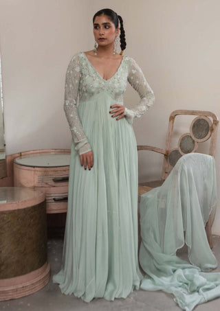 Ease-Light Mint Scallop Anarkali And Dupatta-INDIASPOPUP.COM
