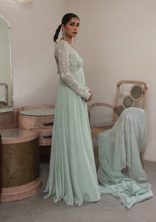 Ease-Light Mint Scallop Anarkali And Dupatta-INDIASPOPUP.COM