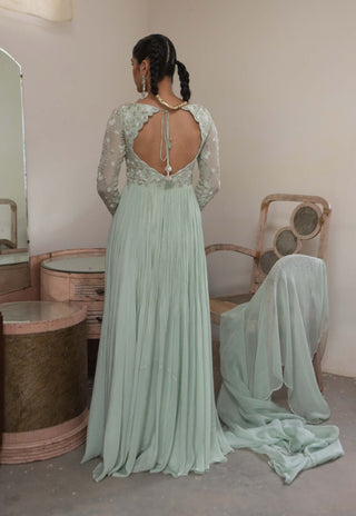 Ease-Light Mint Scallop Anarkali And Dupatta-INDIASPOPUP.COM