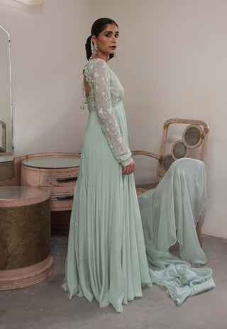 Ease-Light Mint Scallop Anarkali And Dupatta-INDIASPOPUP.COM