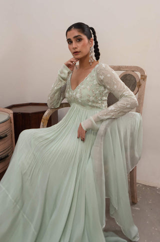 Ease-Light Mint Scallop Anarkali And Dupatta-INDIASPOPUP.COM
