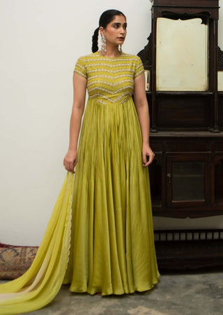 Ease-Lime Yellow Anarkali And Dupatta-INDIASPOPUP.COM