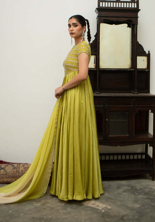 Ease-Lime Yellow Anarkali And Dupatta-INDIASPOPUP.COM