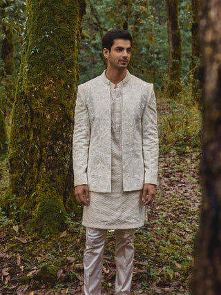 Aura white open jacket and kurta set