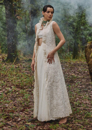 Bloom white drape sari and jacket set