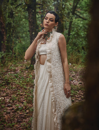 Bloom white drape sari and jacket set