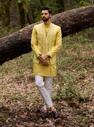 Mellow yellow ascetic indowestern jacket set
