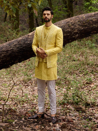 Mellow yellow ascetic indowestern jacket set