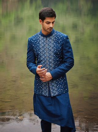 Carribean blue open jacket and kurta set