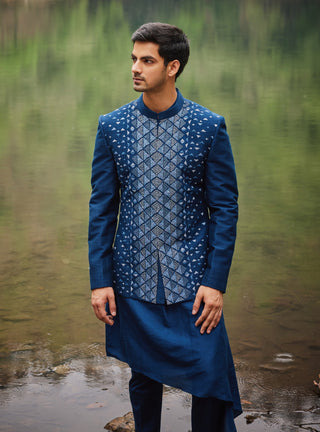 Carribean blue open jacket and kurta set