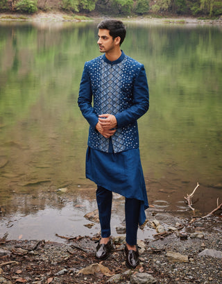 Carribean blue open jacket and kurta set