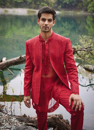 Scarlet open jacket and kurta set