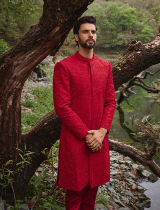 Scarlet red sherwani and pants