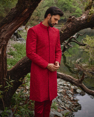 Scarlet red sherwani and pants