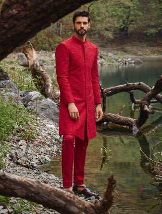 Scarlet red sherwani and pants