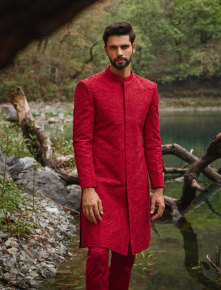 Scarlet red sherwani and pants