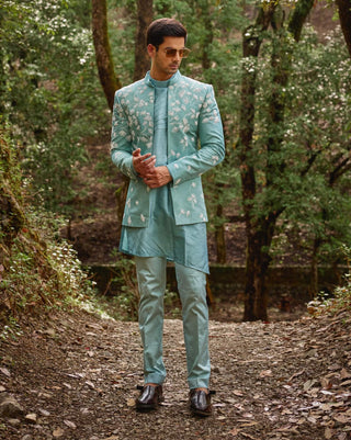Dandelion caded blue open jacket and kurta set