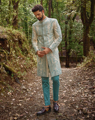 Floral mosaic blue sherwani and pants