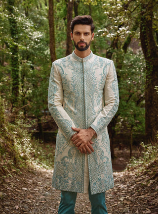 Floral mosaic blue sherwani and pants