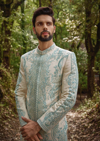 Floral mosaic blue sherwani and pants